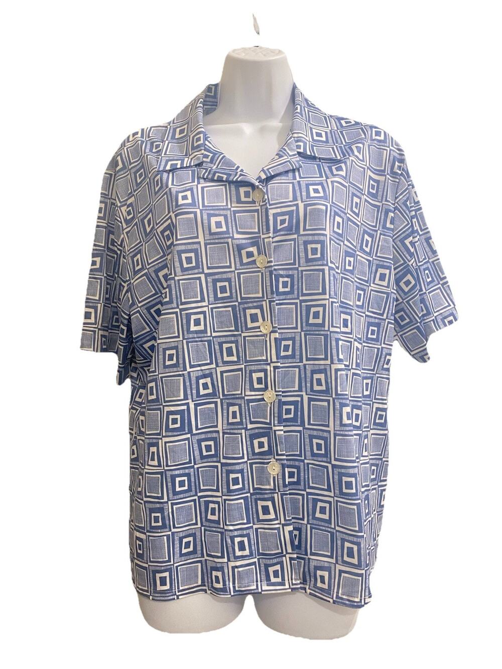 VTG lBlair Plus 2X Plaid Boho Button Up Blouse Geometric Abstract Academia Top